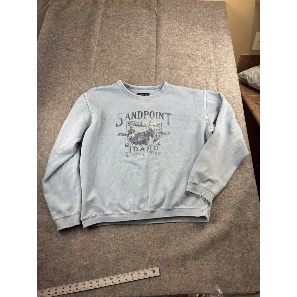 VTG AUSTINS SANDPOINT ID MENS L CREWNECK GRAPHIC ELK THRASHED GORP GRANOLA CAMP
